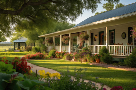 ranch house with covered porch and rocking chairs, surrounded by flowerbeds, created with generative aiの素材