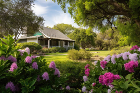 ranch house surrounded by lush greenery and blooming flowers, created with generative aiの素材