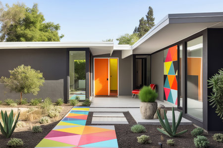 modern ranch house exterior with sleek, geometric shapes and pops of color, created with generative aiの素材