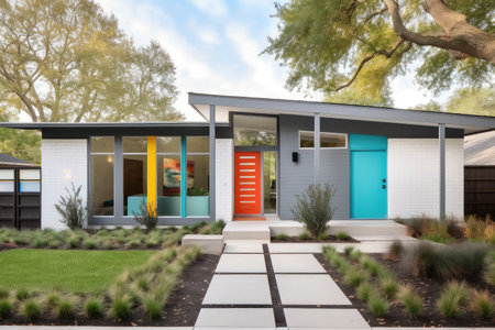 modern ranch house exterior with sleek, geometric shapes and pops of color, created with generative aiの素材