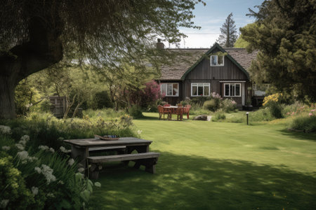 ranch house surrounded by lush green lawn, with garden and picnic table in the foreground, created with generative aiの素材