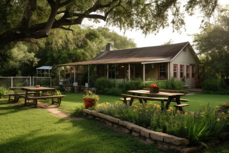 ranch house surrounded by lush green lawn, with garden and picnic table in the foreground, created with generative aiの素材