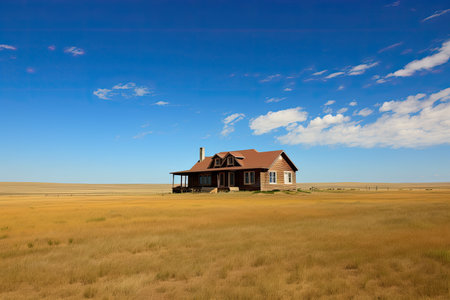 ranch house sitting on vast expanse of prairie, blue sky in the background, created with generative aiの素材