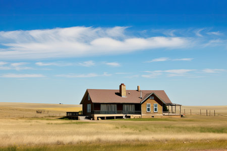 ranch house sitting on vast expanse of prairie, blue sky in the background, created with generative aiの素材