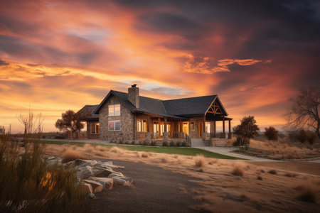 ranch house exterior with dramatic sunset, showcasing the landscape and sky, created with generative aiの素材