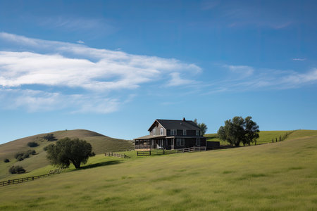 ranch house, with view of rolling hills and blue skies, against the backdrop of wide open spaces, created with generative aiの素材