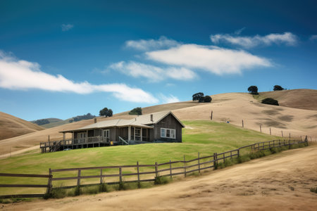 ranch house, with view of rolling hills and blue skies, against the backdrop of wide open spaces, created with generative aiの素材