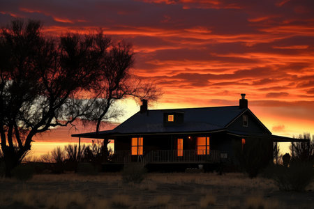 ranch house with sunset view, silhouetting the house against a fiery sky, created with generative aiの素材
