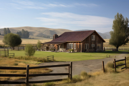 ranch house exterior with barn and fields in the background, created with generative aiの素材