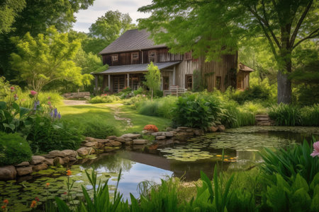 rustic ranch house with garden and pond, surrounded by lush green foliage, created with generative aiの素材