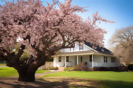 cherry blossom tree blooming in front of ranch house exterior, created with generative aiの素材