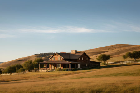 ranch house exterior with view of rolling hills and fields in the distance, created with generative aiの素材