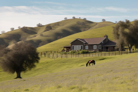 ranch house with view of rolling hills and horses grazing in the distance, created with generative aiの素材