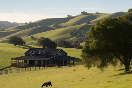ranch house with view of rolling hills and fields, with horse and cattle grazing, created with generative aiの素材