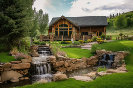 ranch house exterior with beautiful greenery and waterfall in the background, created with generative aiの素材
