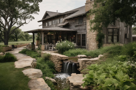 ranch house exterior with view of waterfall and greenery in the background, created with generative aiの素材