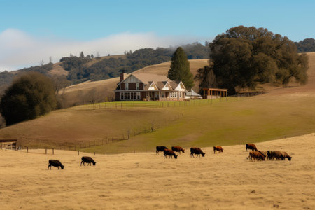 ranch house, with view of rolling hills and grazing livestock, created with generative aiの素材