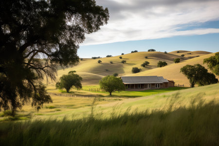 ranch house, with view of rolling hills and grazing livestock, created with generative aiの素材