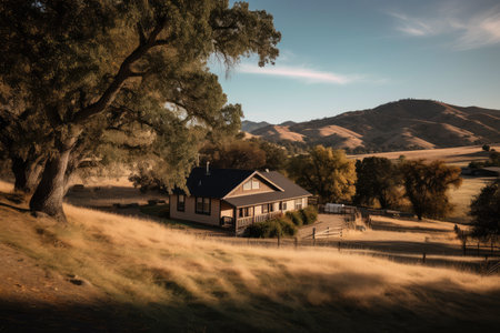 ranch house with majestic view of rolling hills and mountains in the distance, created with generative aiの素材