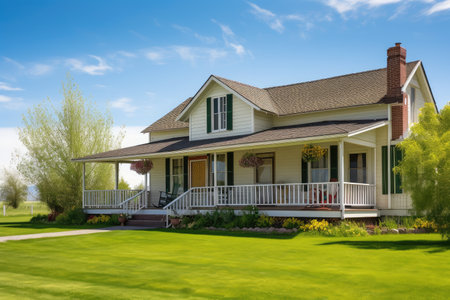 classic ranch house with wraparound porch and rocking chair on a sunny summer day, created with generative aiの素材