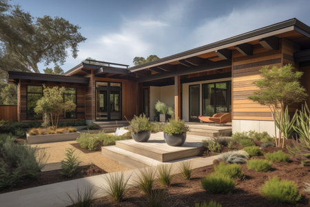 modern ranch house with exterior features such as solar panels, raised garden beds and outdoor lighting, created with generative aiの素材