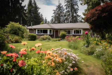 ranch house, surrounded by lush green grass and flowering plants in the yard, created with generative aiの素材