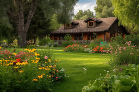 ranch house, surrounded by lush green grass and flowering plants in the yard, created with generative aiの素材