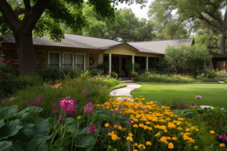 ranch house, surrounded by lush green grass and flowering plants in the yard, created with generative aiの素材