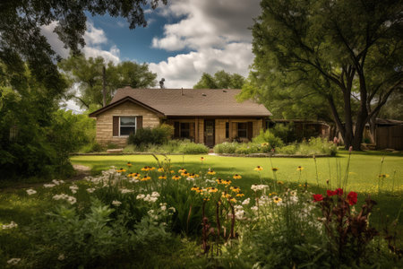 ranch house, surrounded by lush green grass and flowering plants in the yard, created with generative aiの素材