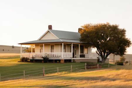 traditional ranch house, with wraparound porch and swing, in front of rolling hills, created with generative aiの素材