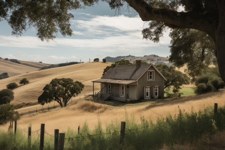 ranch house with view of rolling hills and farmland, lined with trees, created with generative aiの素材