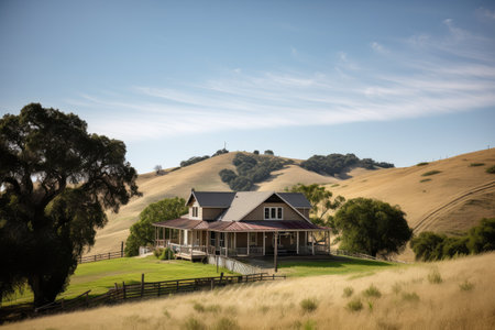 ranch house with view of rolling hills and farmland, lined with trees, created with generative aiの素材