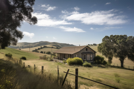 ranch house with view of rolling hills and farmland, lined with trees, created with generative aiの素材