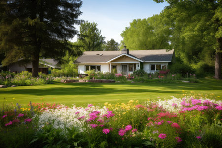 ranch house surrounded by lush green lawn and flowering gardens, created with generative aiの素材