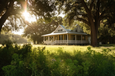 ranch house with wrap-around porch, surrounded by greenery and sunbeams, created with generative aiの素材