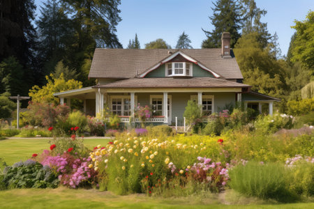 ranch house with wraparound porch, surrounded by flowering plants and trees, created with generative aiの素材
