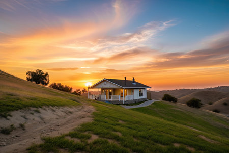 ranch house with view of the sunset, surrounded by rolling hills, created with generative aiの素材