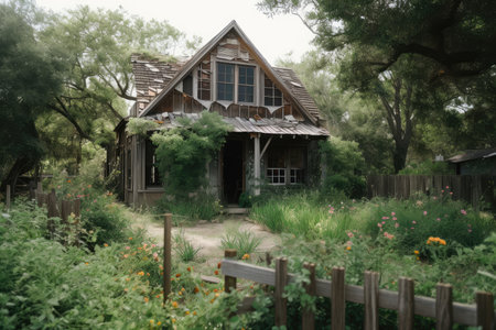 ranch house with overgrown garden, surrounded by greenery, created with generative aiの素材