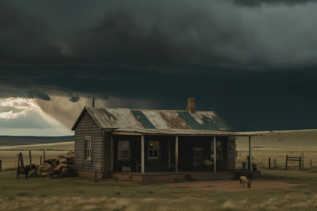 ranch house with broken window, on a stormy day, created with generative aiの素材