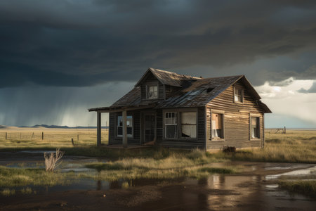 ranch house with broken window, on a stormy day, created with generative aiの素材