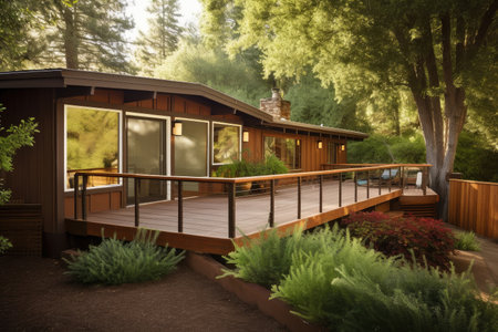 ranch house exterior with deck and view of the garden, surrounded by trees, created with generative aiの素材