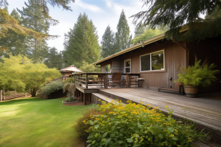 ranch house exterior with deck and view of the garden, surrounded by trees, created with generative aiの素材