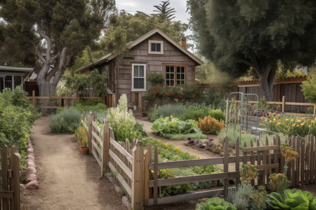 ranch house with vegetable garden and wooden fence in the yard, created with generative aiの素材