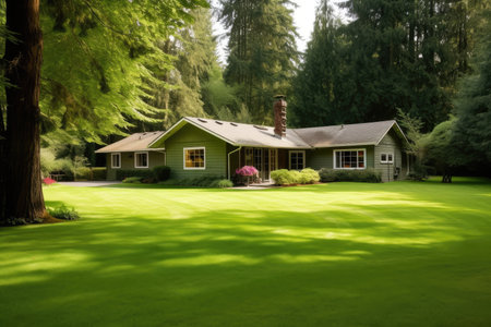 ranch house with lush green lawn surrounded by trees, created with generative aiの素材