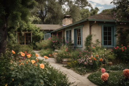 ranch house exterior with lush greenery and blooming flowers, created with generative aiの素材