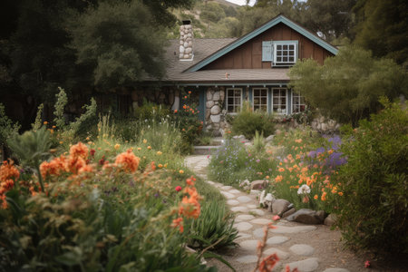 ranch house exterior with lush greenery and blooming flowers, created with generative aiの素材