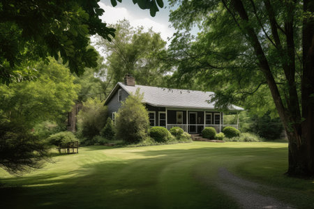 classic ranch house, with wrap-around porch, surrounded by lush greenery, created with generative aiの素材