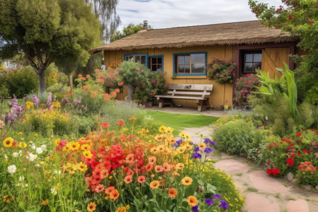 ranch house surrounded by beautiful garden, with blooming flowers and wooden bench, created with generative aiの素材