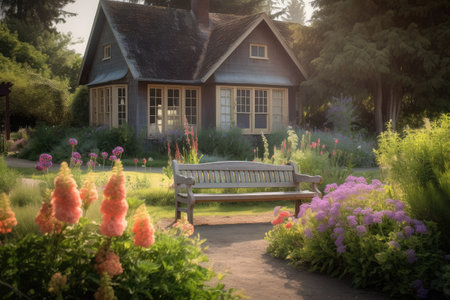 ranch house surrounded by beautiful garden, with blooming flowers and wooden bench, created with generative aiの素材