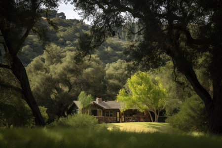 ranch house surrounded by lush greenery and towering trees, created with generative aiの素材